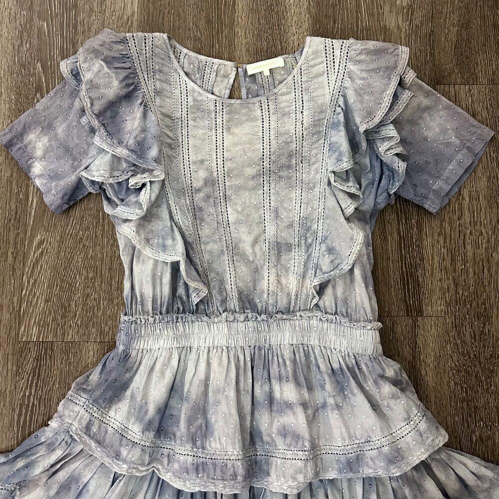 LoveShackFancy Natasha Mini Dress Washed Denim Blue Ruffle Sz Large - Picture 4 of 15